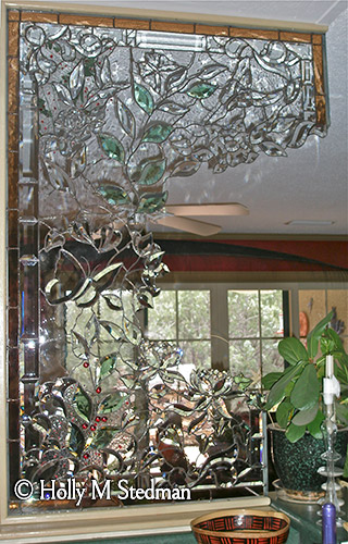 Stained glass kitchen installation with butterflies and plants