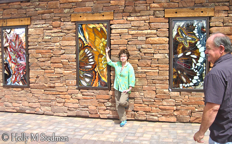 Stained glass panels of butterfly wings installed at Mariposa restaurant in Sedona, AZ