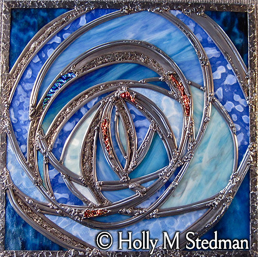Blue stained glass panel with rough-textured solder lines